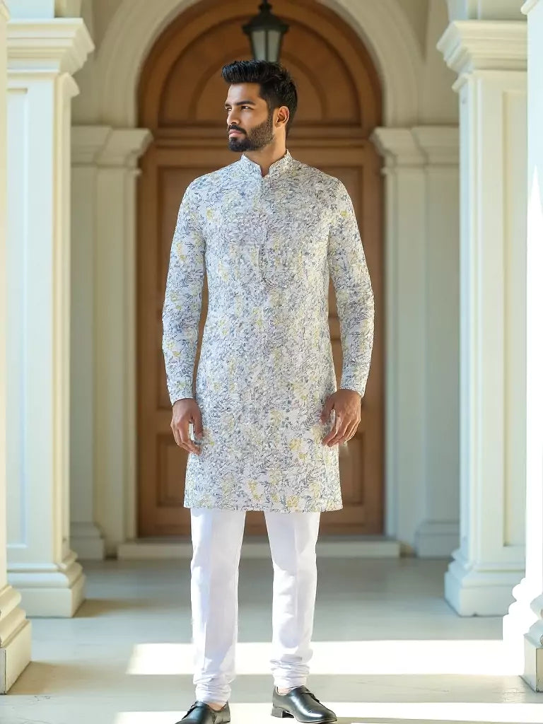 Glimmering White Floral Printed Cotton Kurta