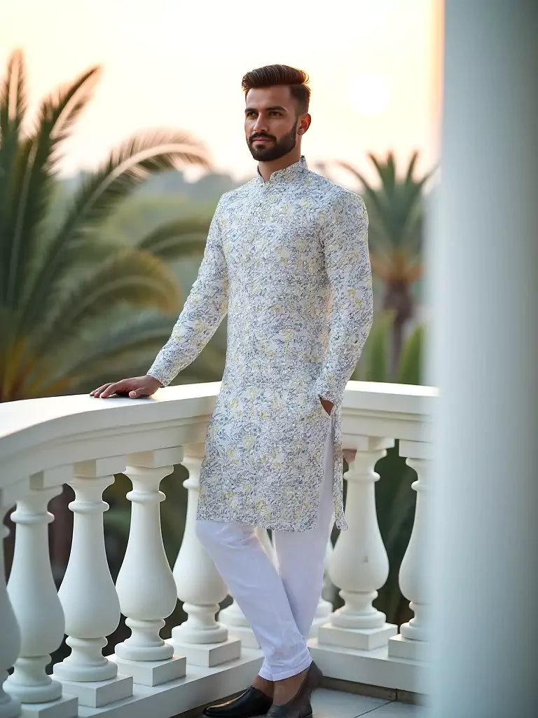 Glimmering White Floral Printed Cotton Kurta