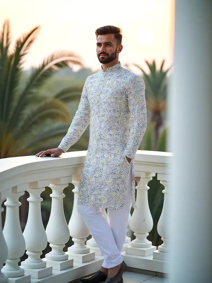 Glimmering White Floral Printed Cotton Kurta