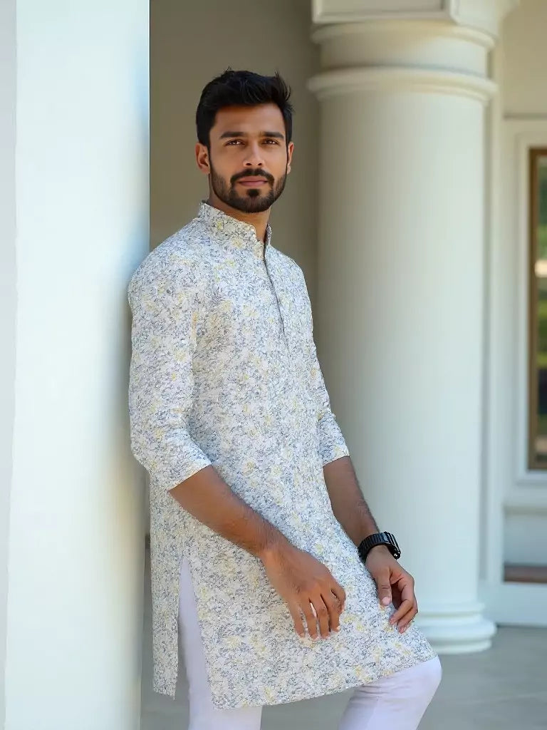 Glimmering White Floral Printed Cotton Kurta