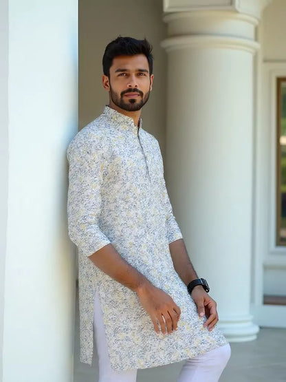 Glimmering White Floral Printed Cotton Kurta