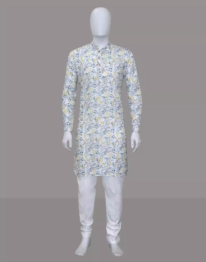 Glimmering White Floral Printed Cotton Kurta