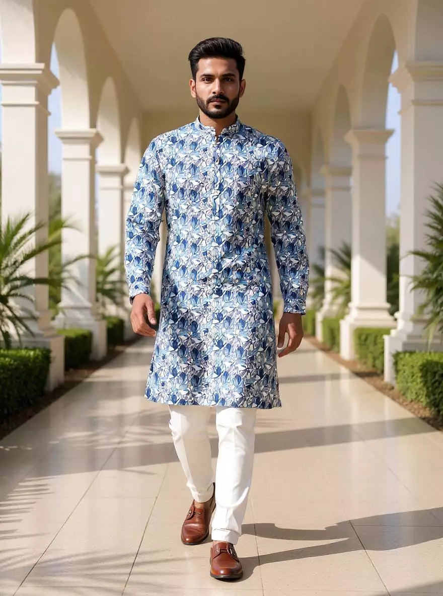 Indigo Blue Floral Printed Giza Cotton Kurta