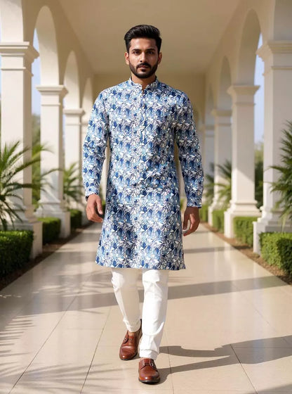 Indigo Blue Floral Printed Giza Cotton Kurta