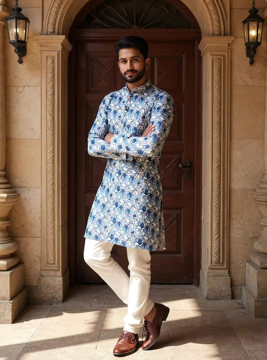 Indigo Blue Floral Printed Giza Cotton Kurta