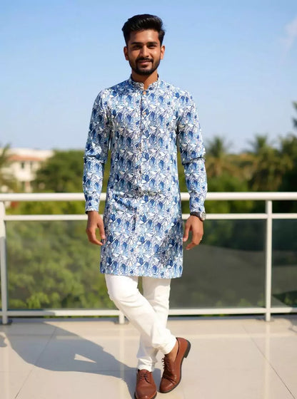 Indigo Blue Floral Printed Giza Cotton Kurta