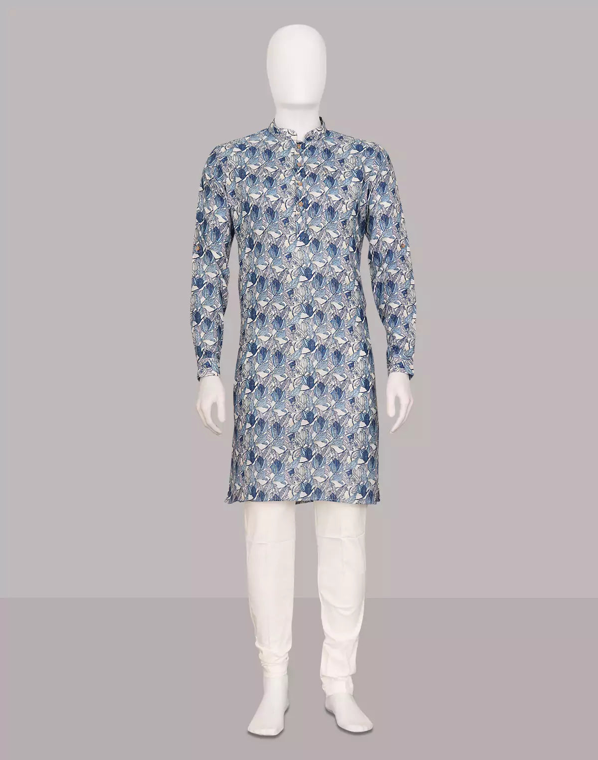 Indigo Blue Floral Printed Giza Cotton Kurta