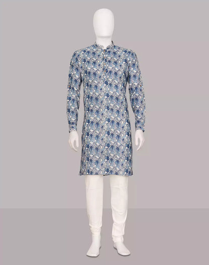 Indigo Blue Floral Printed Giza Cotton Kurta