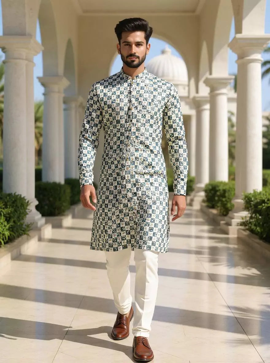 Cream Floral Print Giza Cotton Kurta for Men