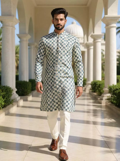 Cream Floral Print Giza Cotton Kurta for Men