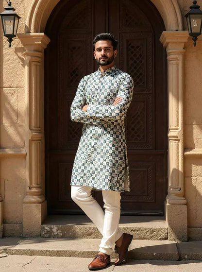 Cream Floral Print Giza Cotton Kurta for Men