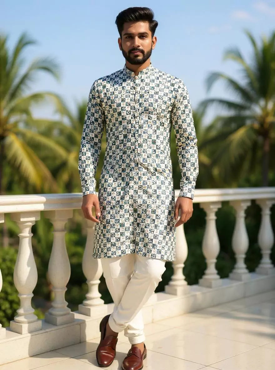 Cream Floral Print Giza Cotton Kurta for Men