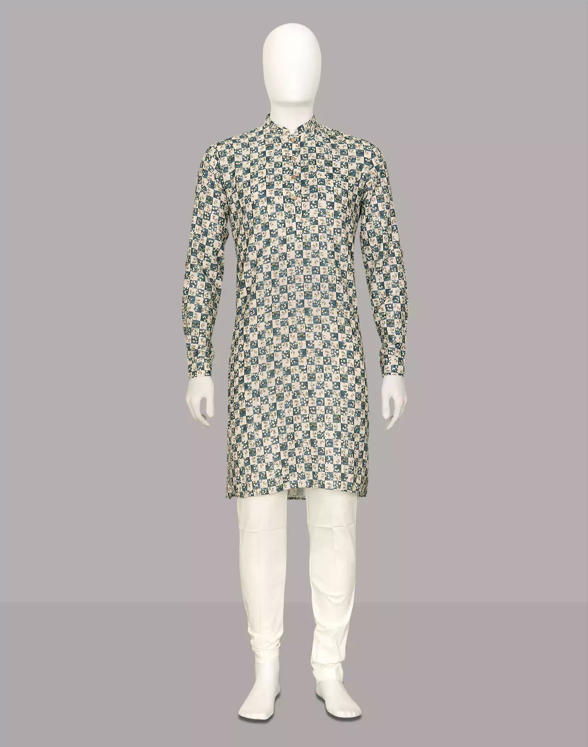 Cream Floral Print Giza Cotton Kurta for Men