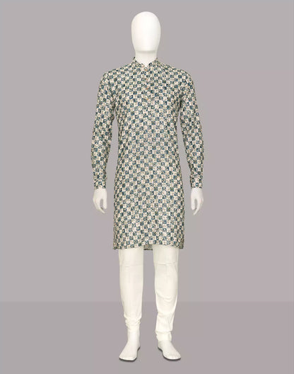 Cream Floral Print Giza Cotton Kurta for Men