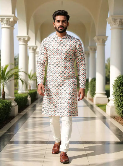 Pink Floral Motifs with Animal Print Giza Cotton Kurta