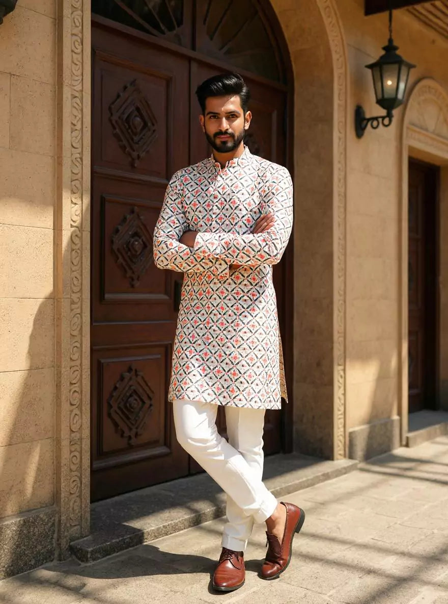 Pink Floral Motifs with Animal Print Giza Cotton Kurta