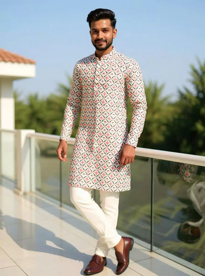 Pink Floral Motifs with Animal Print Giza Cotton Kurta