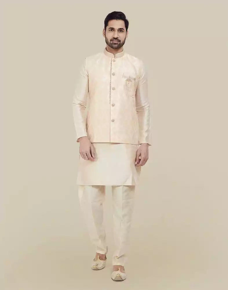 Peach Jacquard With Plain Kurta Set