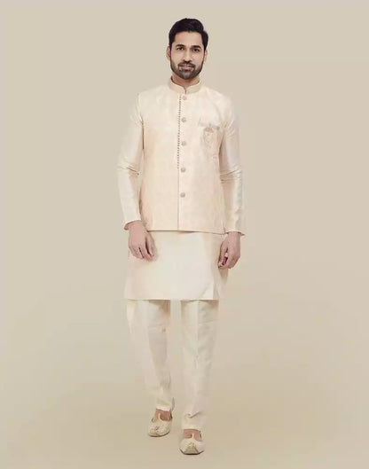 Peach Jacquard With Plain Kurta Set