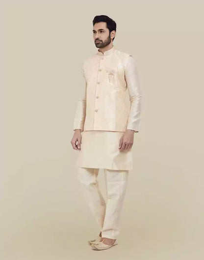 Peach Jacquard With Plain Kurta Set