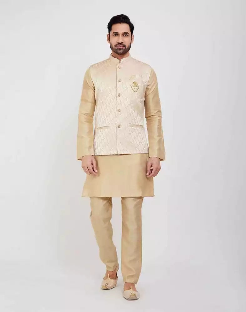 Gold Jacquard 3D Self Plain Kurta Set