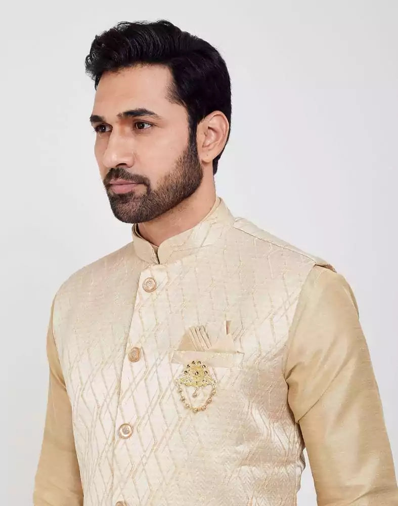 Gold Jacquard 3D Self Plain Kurta Set