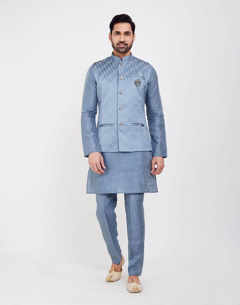 Sky Blue Jacquard 3D Self Plain Kurta Set