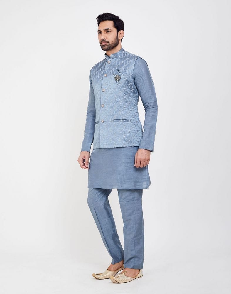 Sky Blue Jacquard 3D Self Plain Kurta Set