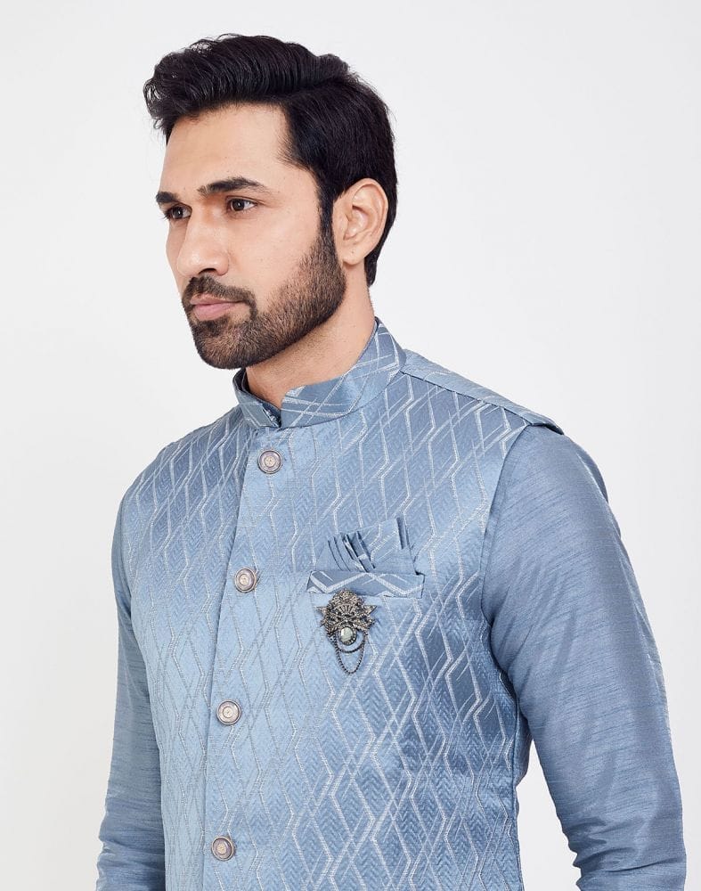 Sky Blue Jacquard 3D Self Plain Kurta Set