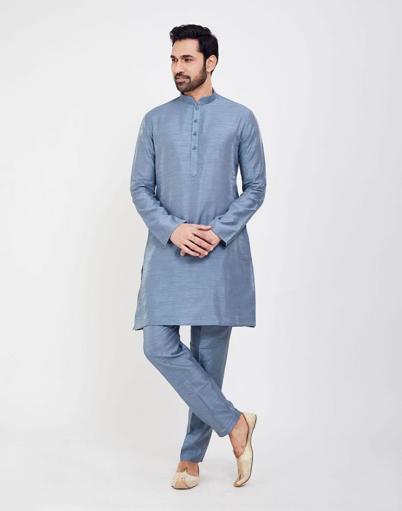 Sky Blue Jacquard 3D Self Plain Kurta Set