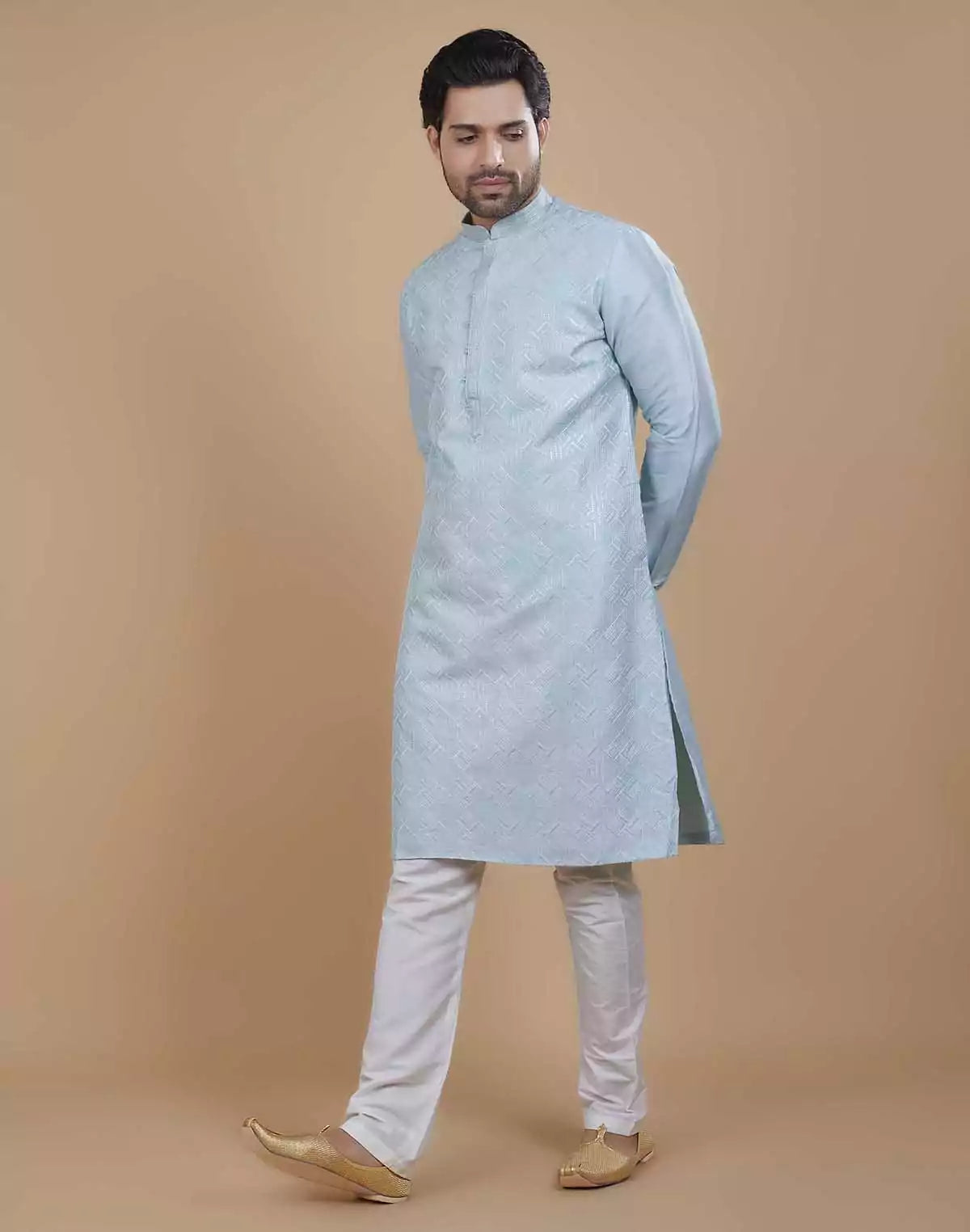 Soft Silk Self Design Pattern Sky Blue Kurta Set
