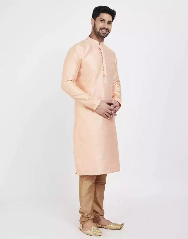 Peach Impressive Thread And Collar Work Kurta Pajama