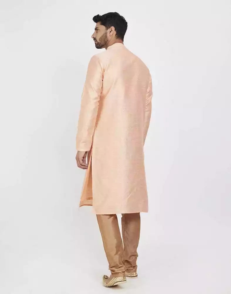 Peach Impressive Thread And Collar Work Kurta Pajama