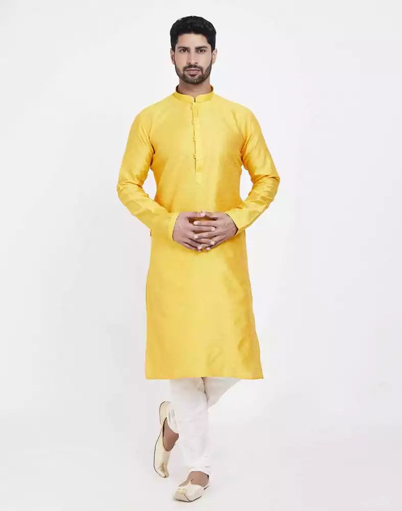 Yellow Self Design With Collar Patti Work Style Kurta Pajama