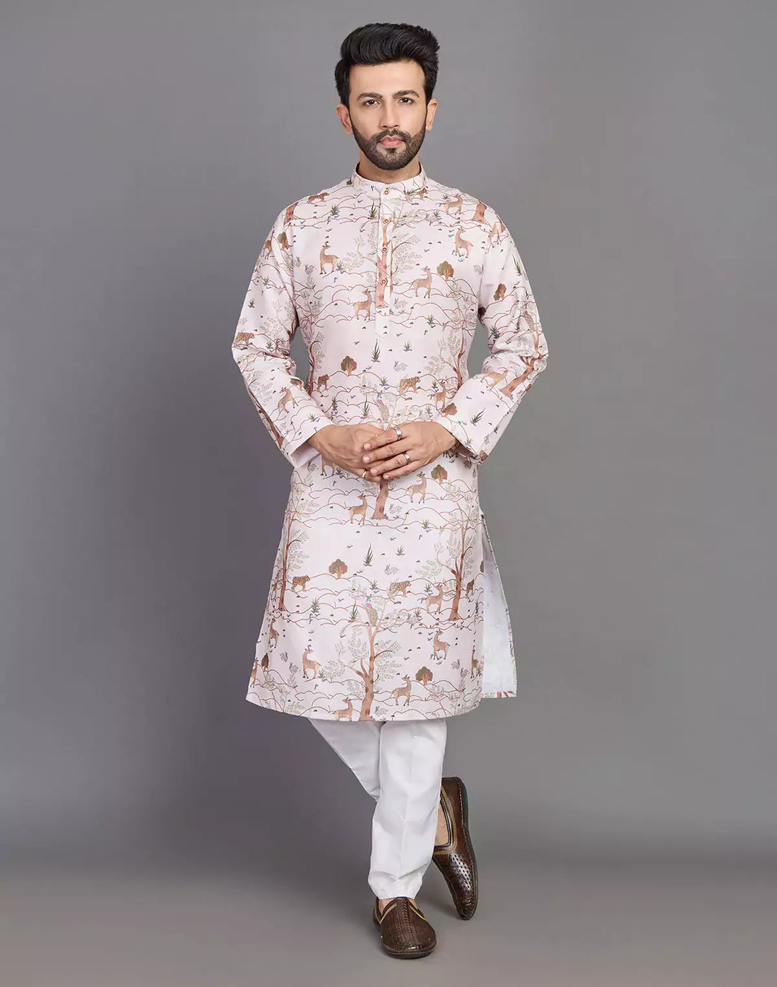 Natural Coloured Botanical and Animal Print Cotton Men Kurta