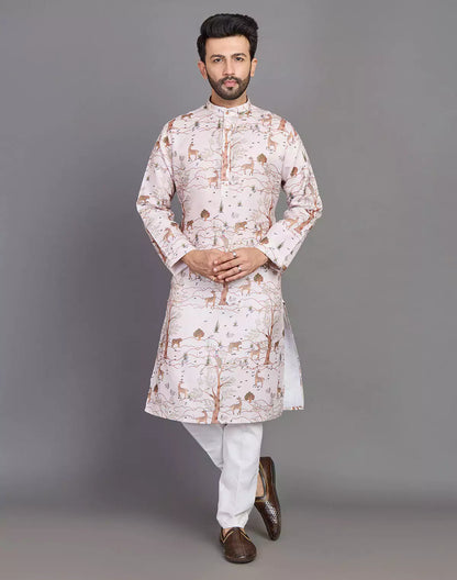 Natural Coloured Botanical and Animal Print Cotton Men Kurta