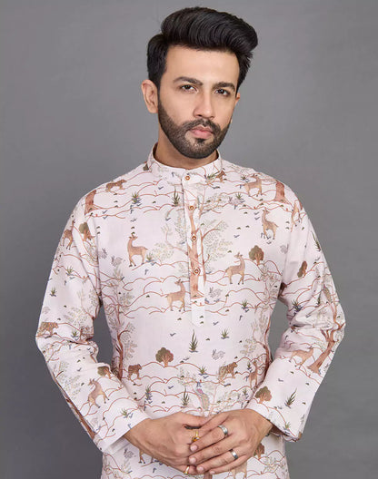 Natural Coloured Botanical and Animal Print Cotton Men Kurta