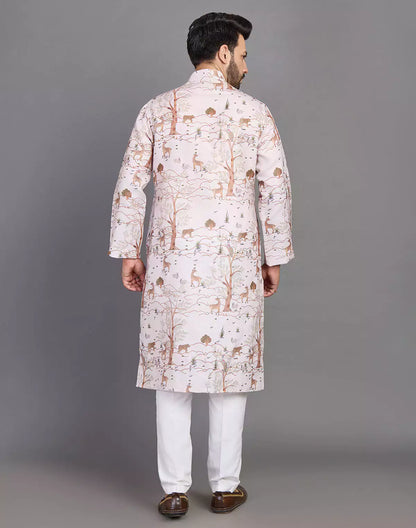 Natural Coloured Botanical and Animal Print Cotton Men Kurta
