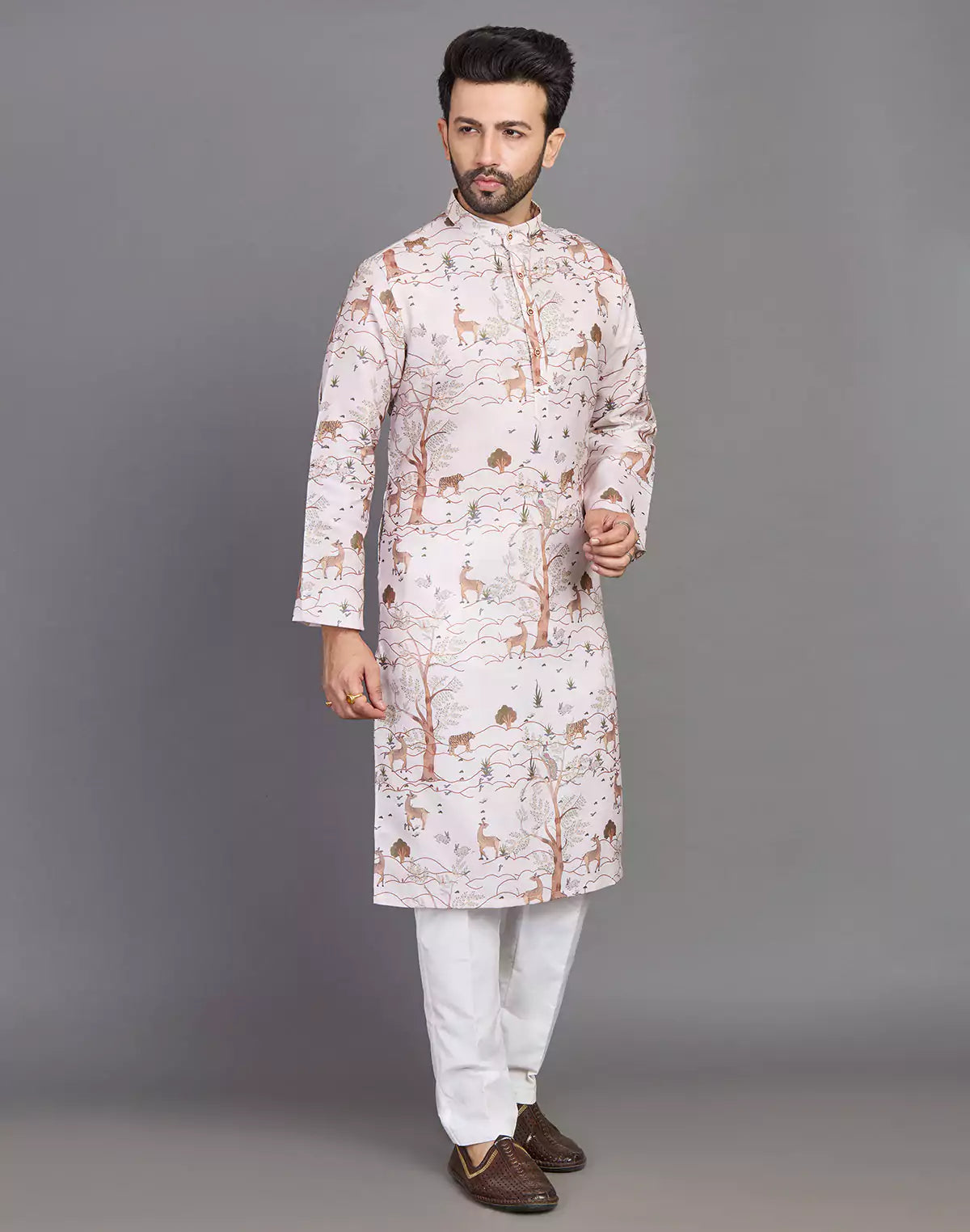 Natural Coloured Botanical and Animal Print Cotton Men Kurta