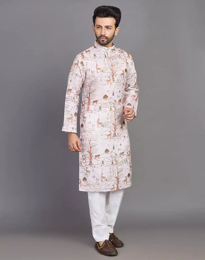 Natural Coloured Botanical and Animal Print Cotton Men Kurta