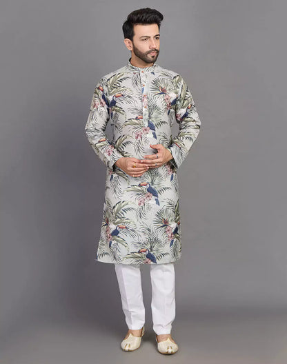 Leaf &amp; Birds Pattern Bottle Green Cotton Kurta Men