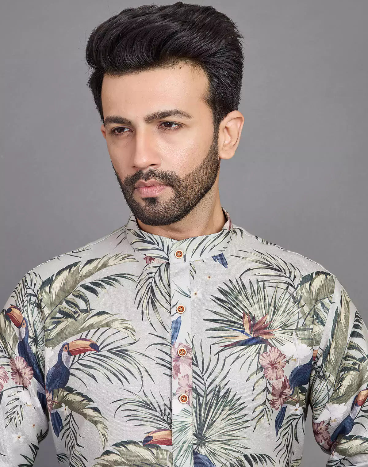 Leaf &amp; Birds Pattern Bottle Green Cotton Kurta Men