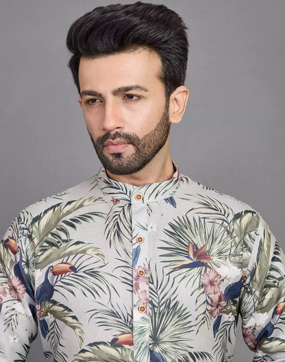 Leaf &amp; Birds Pattern Bottle Green Cotton Kurta Men