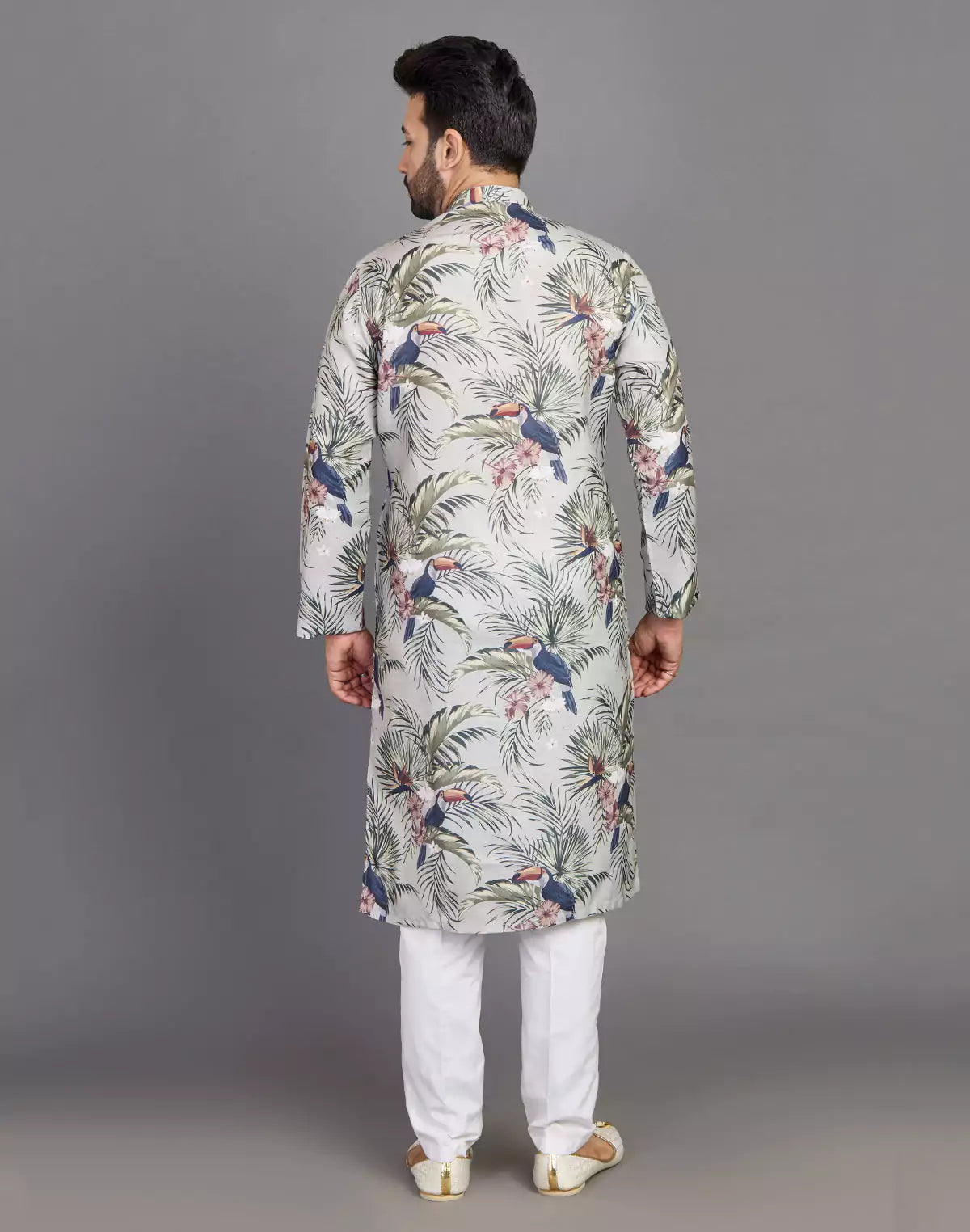 Leaf &amp; Birds Pattern Bottle Green Cotton Kurta Men