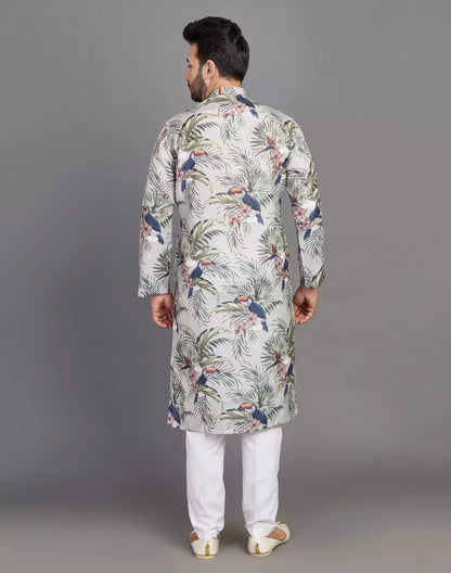 Leaf &amp; Birds Pattern Bottle Green Cotton Kurta Men