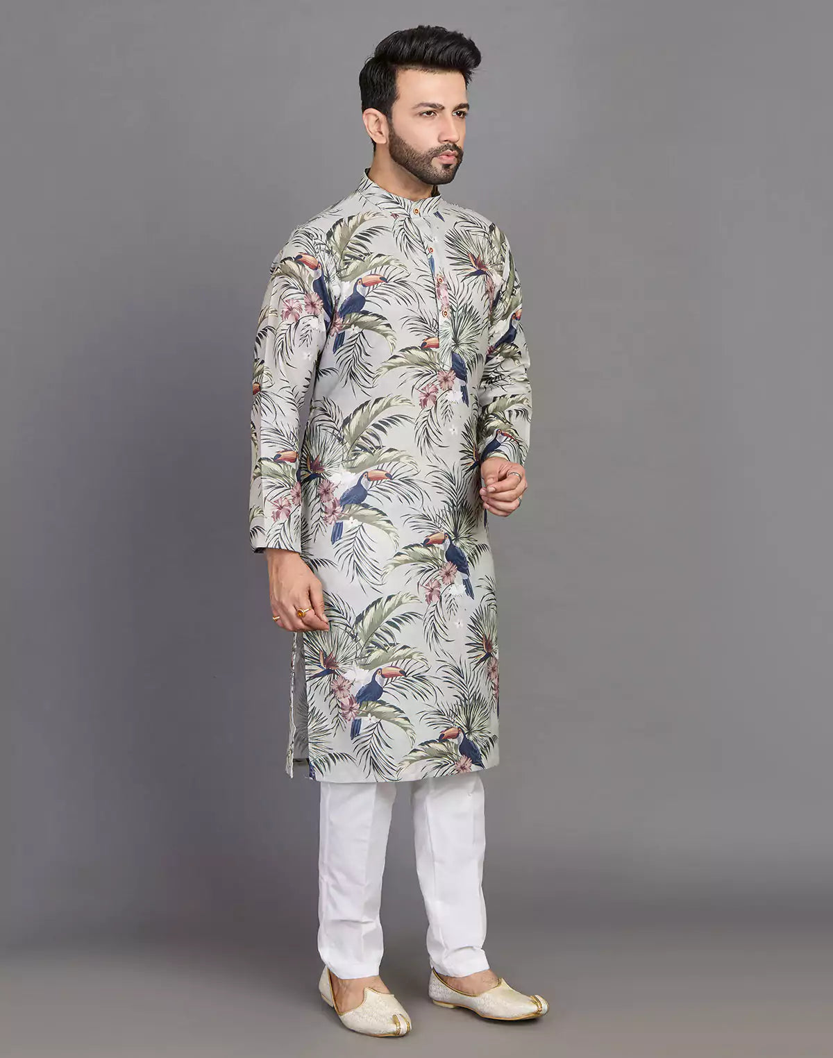 Leaf &amp; Birds Pattern Bottle Green Cotton Kurta Men