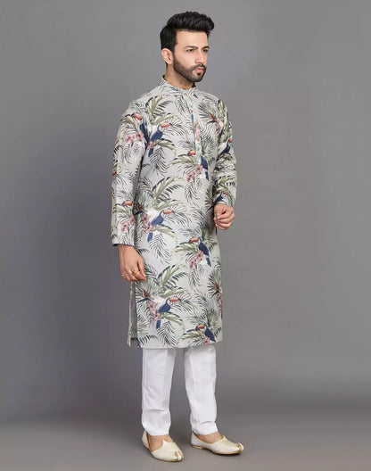 Leaf &amp; Birds Pattern Bottle Green Cotton Kurta Men