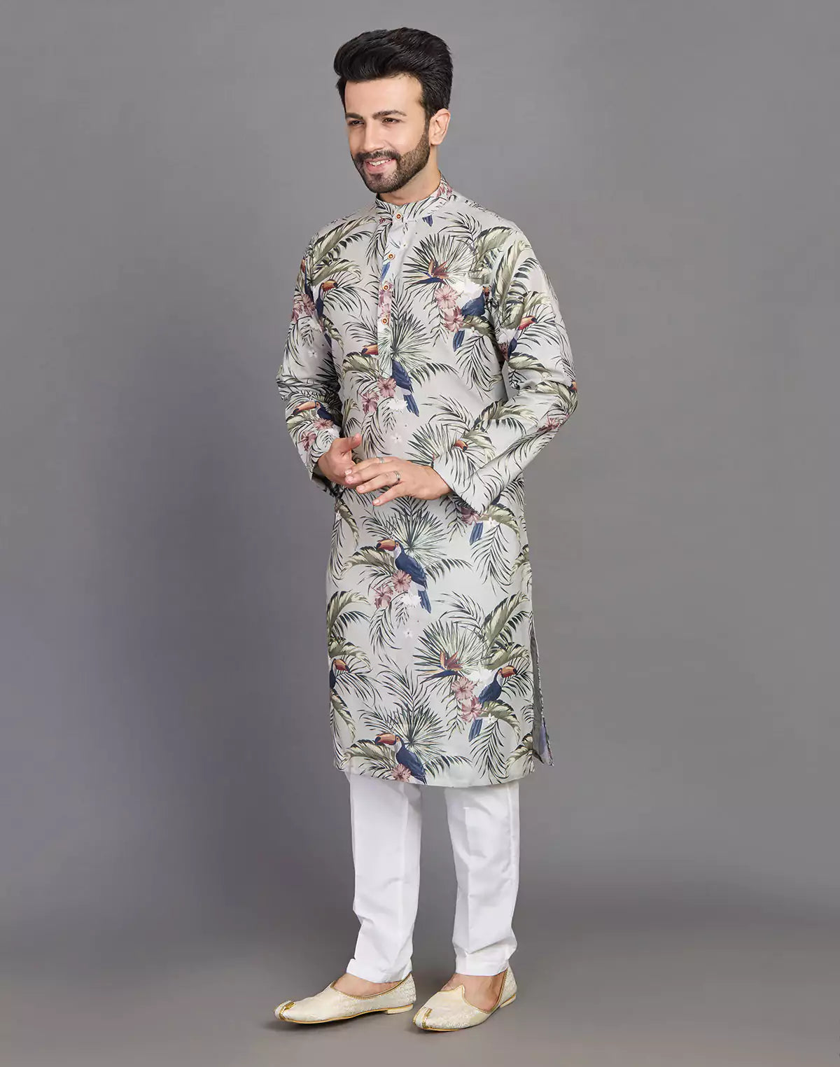 Leaf &amp; Birds Pattern Bottle Green Cotton Kurta Men