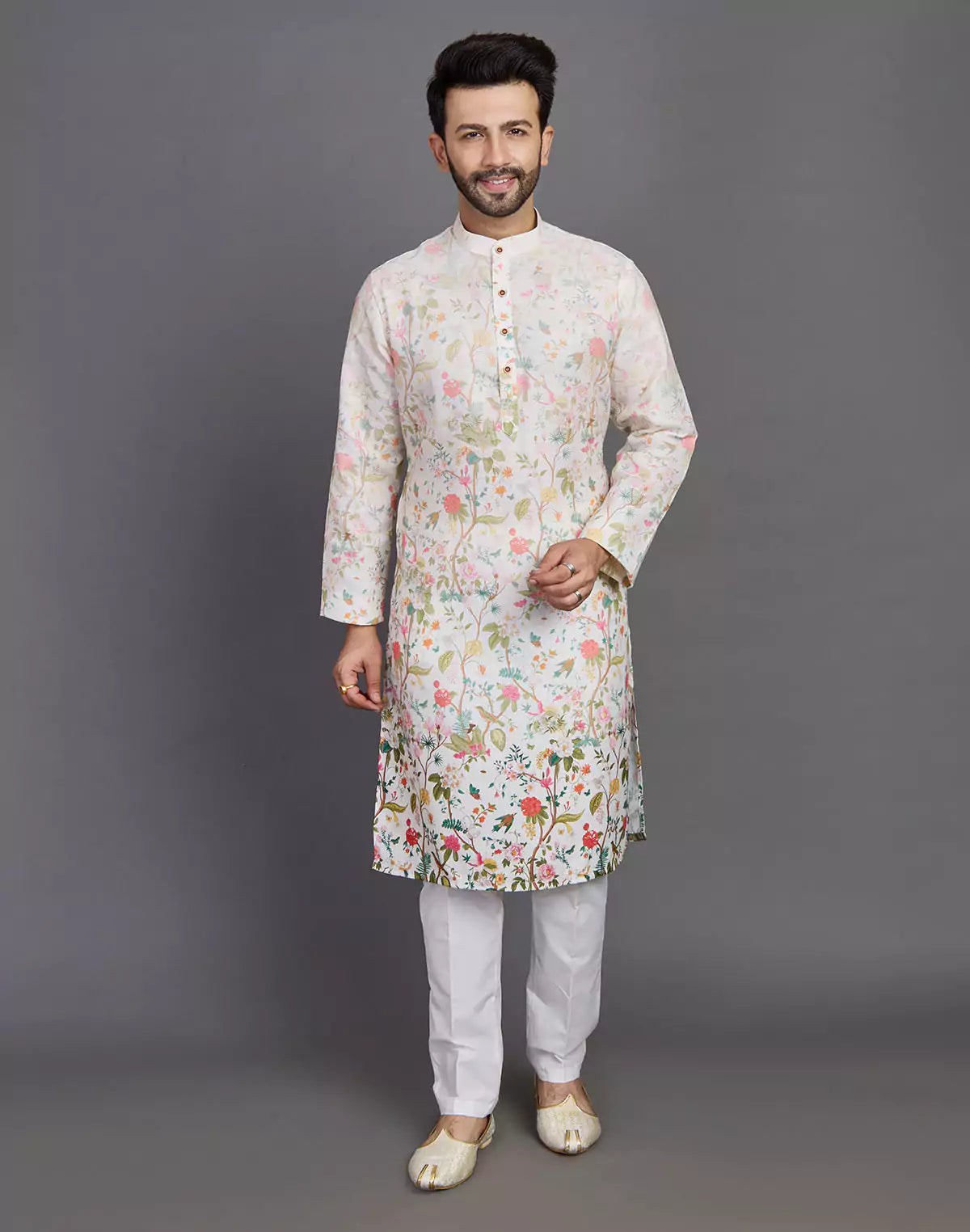Elegant Cream Coloured All Over Floral Print Cotton Kurta