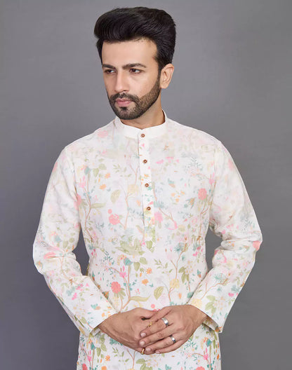 Elegant Cream Coloured All Over Floral Print Cotton Kurta